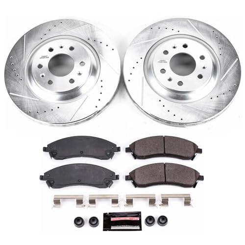 Image of PowerStop Front Brake Kit for Cadillac SRX 2004-09 - Drilled and Slotted Disc Rotors with Carbon-Fiber Ceramic Brake Pads Replacement, K1449