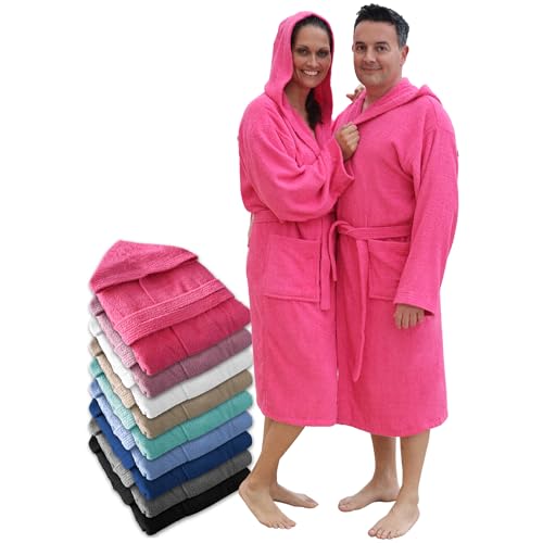 LEBENGOOD Albornoz Hombre Unisex Capucha 100% Algodón Rizo Americano 400 gr, Bolsillos, Bata Suave, Toalla Ducha Mujer (hombre.Capucha Fresa M)