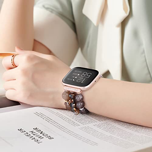 CAGOS Cute Bracelet Compatible with Fitbit Versa 2/Fitbit Versa/Versa Lite Bands Women, Handmade Beaded Elastic Replacement Bands Accessories Straps for Special Edition Versa Watch (Amber Brown)