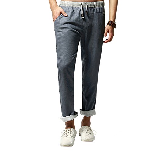YUNCLOS Men's Casual Beach Trousers Linen Summer Pants Blue