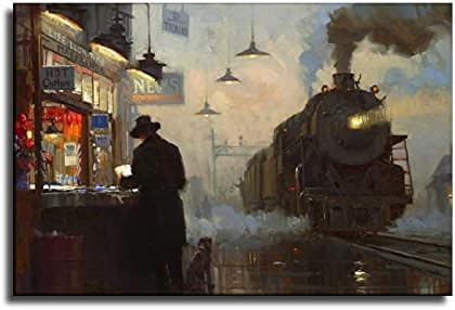 LIXI Night Train Station Shop, Vintage Classic Abstract Canvas Art Poster Modern Wall Art Picture Print Family Bedroom Decor Painting 16×24inch（Unframed）