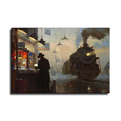 Lixi Night Train Station Shop, Vintage Classic Abstract Canvas Art Poster Modern Wall Art Picture Print Family Bedroom Decor Painting 16×24Inch（Unframed） #TOP23