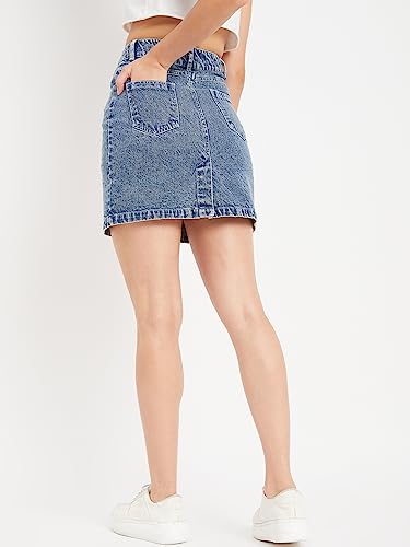 Image of DRAPE AND DAZZLE Mini Skirt with Back Slit Denim Black Short Cotton Skirt with 4 Pocket for Women | Denim Short Skirt for Women & Girl's | Stretchable Western Denim Skirt for Women