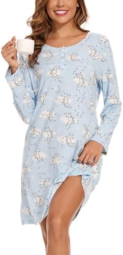 Long Sleeve Nightgowns for Women Soft Cotton Nightshirts Sleepwear Button Night Gowns