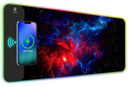 ToLuLu RGB Wireless Charging Gaming Mouse Pad, 7.5/10/15W 10 Light Modes LED Mouse Pad Computer Keyboard Mat Mousepad, 800x300x4MM Extended Large Desk Pad Desk Mat for Gamer, Red Blue Galaxy
