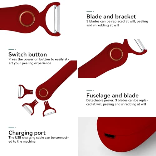 Image of 3-in-1 Electric Peeler | Auto Blade for Fruits /Vegetables | 3 Interchangeable Blades | Type-C Charging,Battery Capacity 1500 mAh | Kitchen, Travel, Camping Red