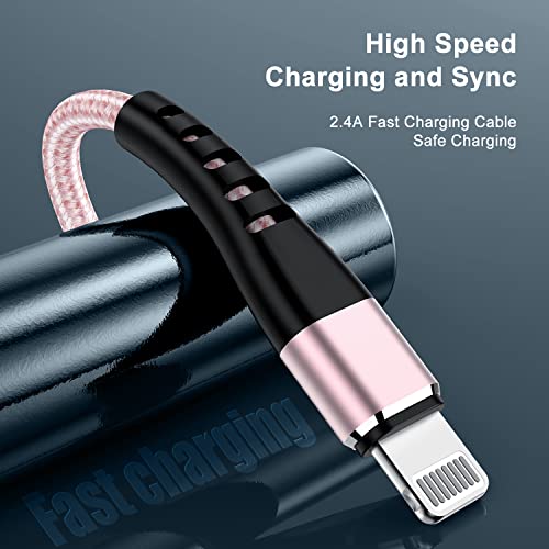 Image of Apple MFi Certified 3 Pack iPhone Charger 6ft, Essri Long Lightning Cable Strong Nylon Braided Charging Cable 6 Foot, Fast iPhone USB Cord for Apple iPhone11 / X /XS /XR /8 /7 /6 /5S /SE /iPad Mini Air (Pink)