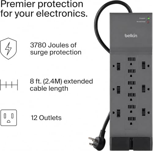 Image of Belkin - 12 Outlet Power Strip with 12 AC Outlets and 8 Feet Flat Plug, UL Listed Heavy Duty Extension Cord for Home, Office, Travel,