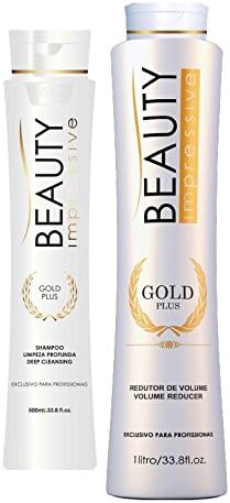Brazilian Keratin Hair Straightening System - Gold Plus By Beauty Impressive- Formaldehyde Free Formula - Shampoo (500ML) Volume Reducer (1L)