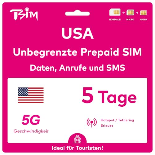 USA SIM-Karte 5 Tage. T-Mobile-Netz mit unbegrenztem Highspeed-Datenvolumen in 5G/4G/LTE | Unbegrenzte Anrufe und SMS innerhalb der USA (einschließlich Hawaii). 5G SIM-Karte!