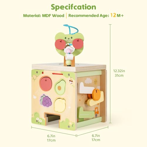 Image of ROBOTIME Wooden Activity Cube with Bear Orchard Theme, 9-in-1 Montessori Toys for 12M+ Boys & Girls, Educational Learning Toys for Toddlers Age 1-3, 1st Birthday Gift