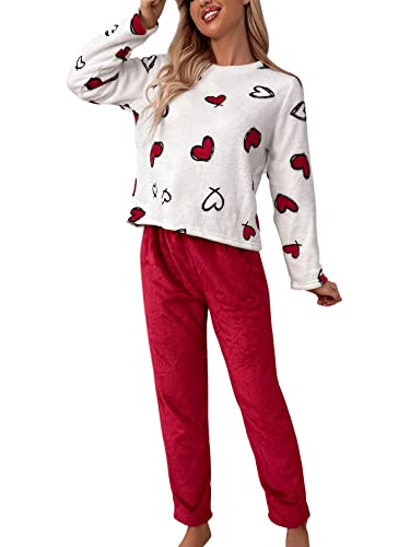 Sweatyrocks Women's 2 Piece Flannel Pajama Colorblock Long Sleeve Top With Pants Set Loungewear White Red M #TOP16