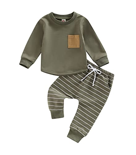 Image of Baby Boy Clothes 3 6 9 12 18 24M 3T Pants Set Hooded Patchwork Hoodie Striped Sweatpants Fall Winter Outfit(Army Green-Pocket, 0-6 Months)