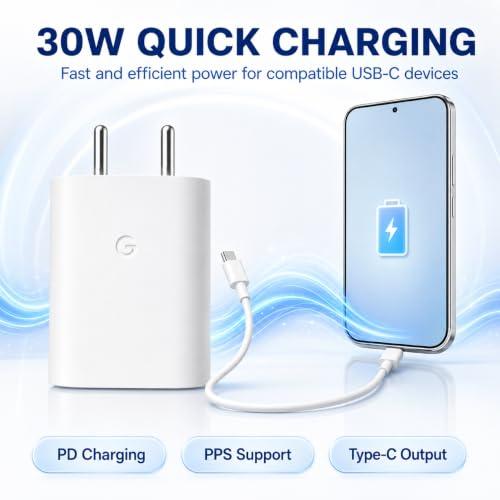 Image of 30W Type C Rapid Charging Adapter with 3.3ft Cable for Google 11|10|9|8(Pro /XL /A /Fold) 7 Pro|4b|4a|S26|Pixel Chromebook /Tab /Slate - Support Other USB-C 30 W Quick Charging, White