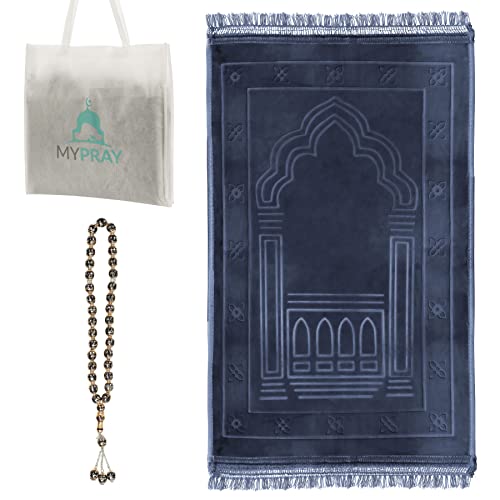 MYPRAY - Gebetsteppich - dick - 3er Set Seccade - mit Tesbih und Tasche (kaltgrau)