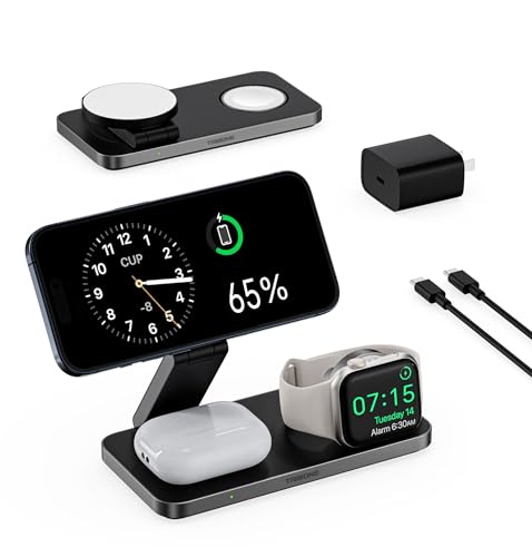3 in 1 Wireless Charging Station for Apple Devices, Foldable Magnetic MagSafe Charger Stand for iPhone 16/15/14/13/12 Series, Apple Watch, and AirPods (Black)