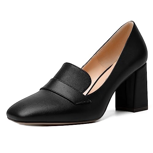Image of MODENCOCO Womens Sexy Formal Matte Slip On Square Toe Work Block High Heel Loafers Shoes 3.5 Inch