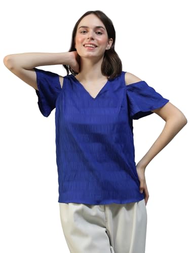 Image of oxolloxo Women Solid V-Neck Short Sleeve Cold Shoulder Yarn-Dyed Dobby Top