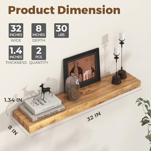 Image of 32 inch Floating Shelves for Wall Live Edge, Natural, 2PCs | 8'' D Rustic Solid Elm Wood, Wall Mounted, Wall Shelves, Invisible Bracket, Living Room Bedroom Kitchen
