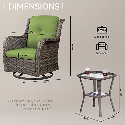 Joyside Outdoor Swivel Rocker Patio Chairs Set Of 2 And Matching Side Table - 3 Piece Wicker Patio Bistro Set With Premium Fabric Cushions, Green #TOP3