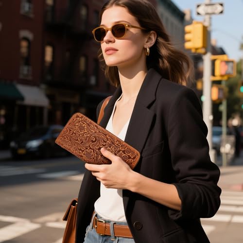 GUZUHUKU Vintage Embossed Zipper Wallet, Womens Wallets Large Capacity Detachable Wrist Strap Clutch Purses Perfect for Travel and Dating3