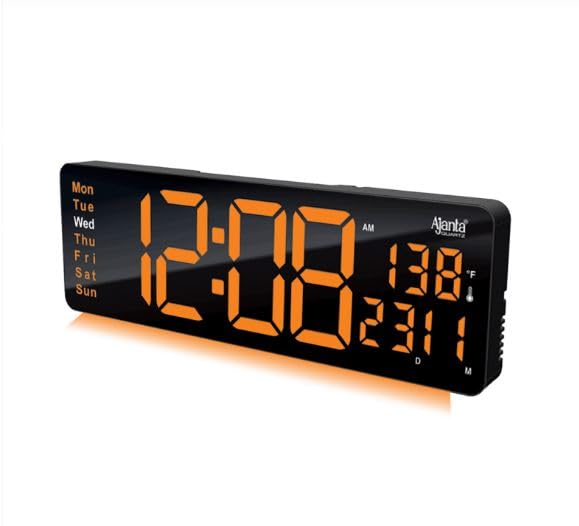 Image of Ajanta Digital Electric Wall Clock with Time, Temperature, Date & Day | RGB LED Night Light Display | USB Type-C Charger | 12 /24H Format & Snooze (Orange)