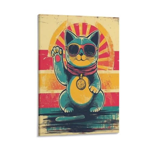 Poster rétro sur toile motif chat porte-bonheur vintage GQVCJSW pour salon 40x60cm