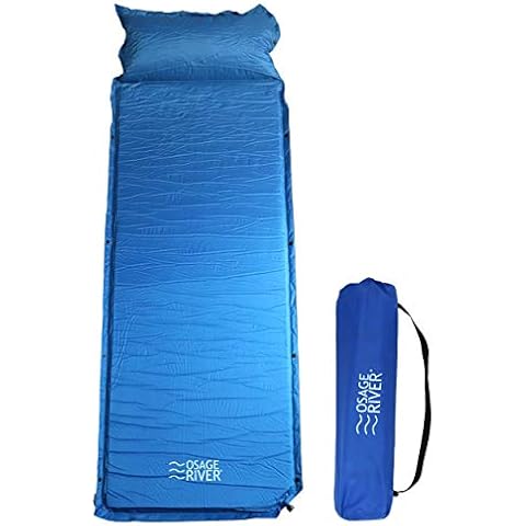 OSAGE RIVER Self Inflating Sleeping Pad with Built-in Pillow, Compact Memory Foam Sleep Mat, Camping Air Mattress for Tent, Travel, Backpacking, or Hiking, Blue Cover