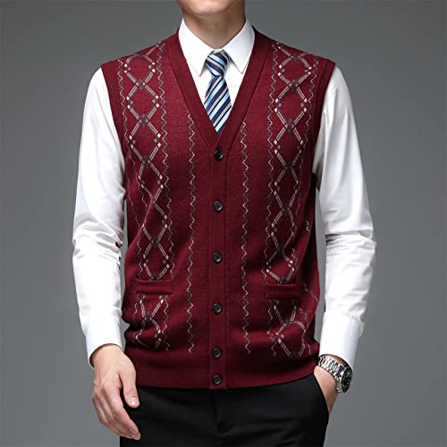 Mens Sleeveless Cardigan Argyle Vest V-Neck Wool Blend Stitching Sweater Vests Middle-Aged And Elderly Jacquard Waistcoat (Red,Large) #TOP1