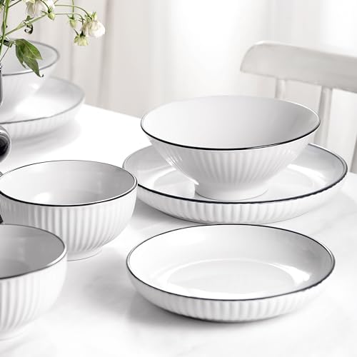Image of Christian Siriano Lustra Modern 16-Piece Stoneware Dinnerware Set, Plates and Bowls Set, Dinner and Salad Plates, Ramen Bowls, Dishes for 4, White