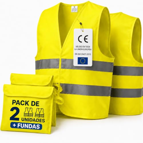 Pack de 2 Chalecos Reflectantes Homologados + 2 Bolsas | Talla Única "L" | Chaleco Coche y Moto Homologado DGT | Chaleco Reflectante Homologado | Chalecos Reflectantes Seguridad | Chaleco de Trabajo