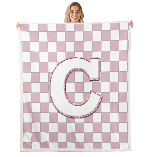Image of Erosebridal Pink Initial C Fuzzy Plush Throw Kawaii Plaid Checkered Fleece Blanket Cute Personalized Monogram Sherpa Blanket for Kids Girls,Fashion Grids Gingham Decor for Bed Couch Throw 50 inchx60 inch