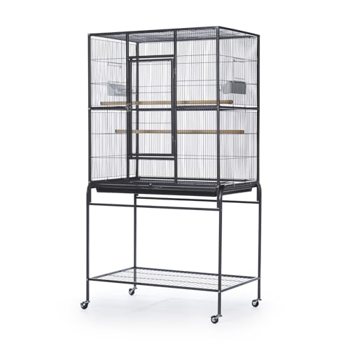 Image of Prevue Pet Products Flight Cage with Stand - Large Metal Bird Cage with Removable Tray, Wood Perches, Double Feeders & Storage Shelf on Rolling Casters, Ideal for Small to Medium Birds - Black