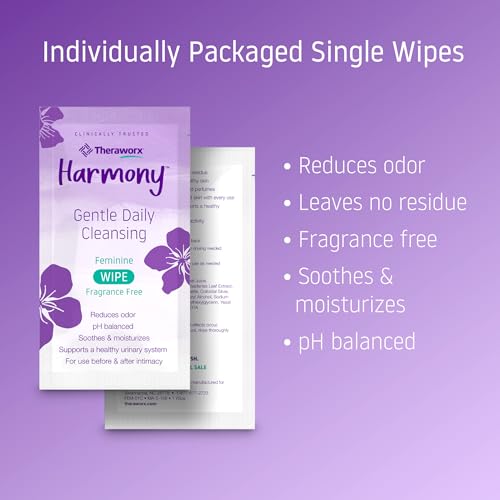 Image of Theraworx Harmony Gentle Daily Cleansing Feminine Wipes Fragrance Free, Reduces Odor, Individually Wrapped, Travel Size - 15 Count (Pack of 2)