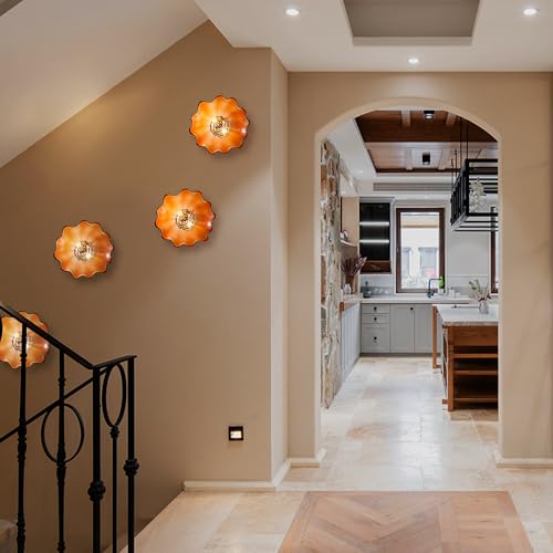 Image of Amber Glass Wall Light Dia 12 inch Wall Lamp with Murano Glass Shade Vintage Vanity Lighting Fixture with Metal Base Flush Mount Wall Sconce 2-Light for Bathroom, Bedroom, Bedside, Entryway
