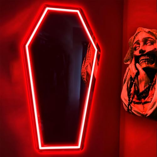 Image of Coffin Neon Mirror, Neon Signs for Wall Decor, Gothic Mirror Gift for Goth Lovers, Whimsical Goth Home Decor, Witch Bedroom Decor 23″x13″