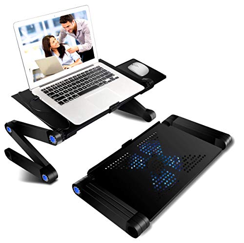 Laptop Table, Portable Adjustable Laptop Table Vented- USB Fans Mouse Pad Side, Lap Tray Stand Up/Sitting/Wireless Internet/Extender（Black）
