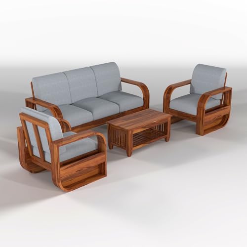 Image of Solid Sheesham Wooden 5 Seater Sofa Set Without Coffee Table with Grey Cushion for Living Room Furniture - Honey Finish (3+1+1)