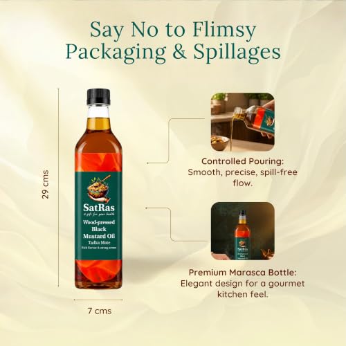 Image of SatRas Wood Pressed Black Mustard Oil, 1L Plastic Bottle | Kachi Ghani Sarso Oil | Cold Pressed & Unrefined | Rich in Omega 3, 6 & Vitamin E | Pure Edible Cooking Oil