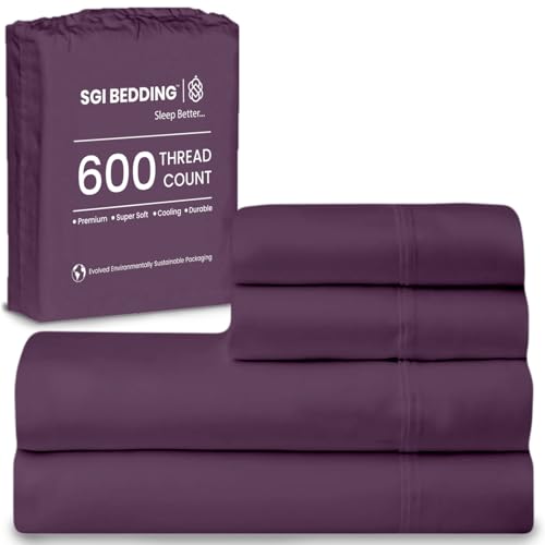 Image of SGI bedding 100% Egyptian Cotton Sheets RV King Size - 600 Thread Count Sheets Set, Soft, Cooling, 16 inch Deep Pocket, Luxury Hotel Bedding, Breathable, Durable - Plum