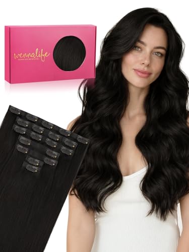 WENNALIFE Seamless Clip in Hair Extensions Real Human Hair, 16 Inch 110g Natural Black Invisible PU Skin Weft, Natural Thick Real Hair Clip Ins for Women, Soft Blendable &amp; Reusable Remy Hair