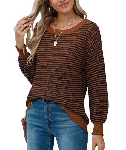 Jouica Womens 2024 Batwing Sleeve Sweaters Casual Crewneck Striped Color Block Fall Lightweight Pullover Top