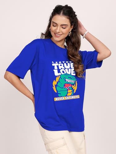 Image of LEOTUDE Oversized Cottonblend Half Sleeve Tshirt for Women, Round Neck Longline Printed Drop Shoulder Baggie Tops for Woman