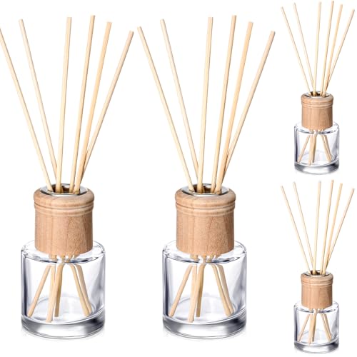 Roshtia 4 Set Reed Diffuser Bottle Empty Refillable Fragrance Glass Diffuser Bottles Set with Wooden Caps Rattan Sticks 50ml 1.7 oz Round Glass Jars for DIY Fragrance