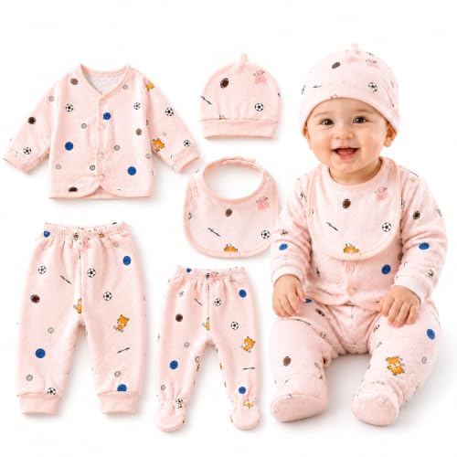 Image of Newborn Baby Clothes Set 0-3 Months, 5-Piece Cotton Clothing Set with Wrap Top, 2 Pants, Cap & Bib, Printed Dress for Baby Boys & Baby Girls, Pink