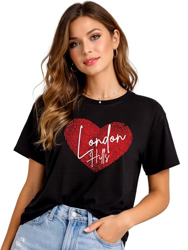 Image of London Hills Women's Loose Fit Printed Cotton T-Shirt Pack of 2 | Casual Round Neck Half Sleeve Graphic Tee | Breathable Summer Top for College, Travel & Outing