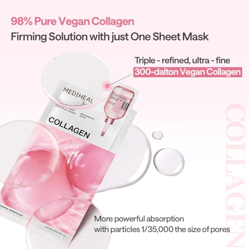 Image of MEDIHEAL Collagen Essential Sheet Mask (1 Sheet) Firming & Hydrating Korean Face Mask with 98% Vegan Collagen, Peptides & Hyaluronic Acid, Skin Elasticity, K-Beauty Facial Mask for Smooth & Plump Skin