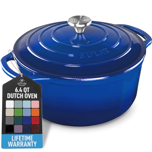 Image of Zulay Kitchen 6.4QT Enameled Cast Iron Dutch Oven Pot with Lid, Heavy-Duty Soup Pot for Stews, Braising, Roasting & Sourdough Bread Baking, Oven Safe up to 500F - Blue