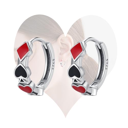 KEQ Poker Huggie Hoop Earrings 925 Sterling Silver Casual Casino Hearts and Spades Playing cards Simulate Cool Funny Earrings for Women