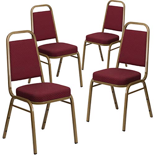 Flash Furniture 4 Pack HERCULES Series Trapezoidal Back Stacking Banquet Chair in Burgundy Patterned Fabric - Gold Frame